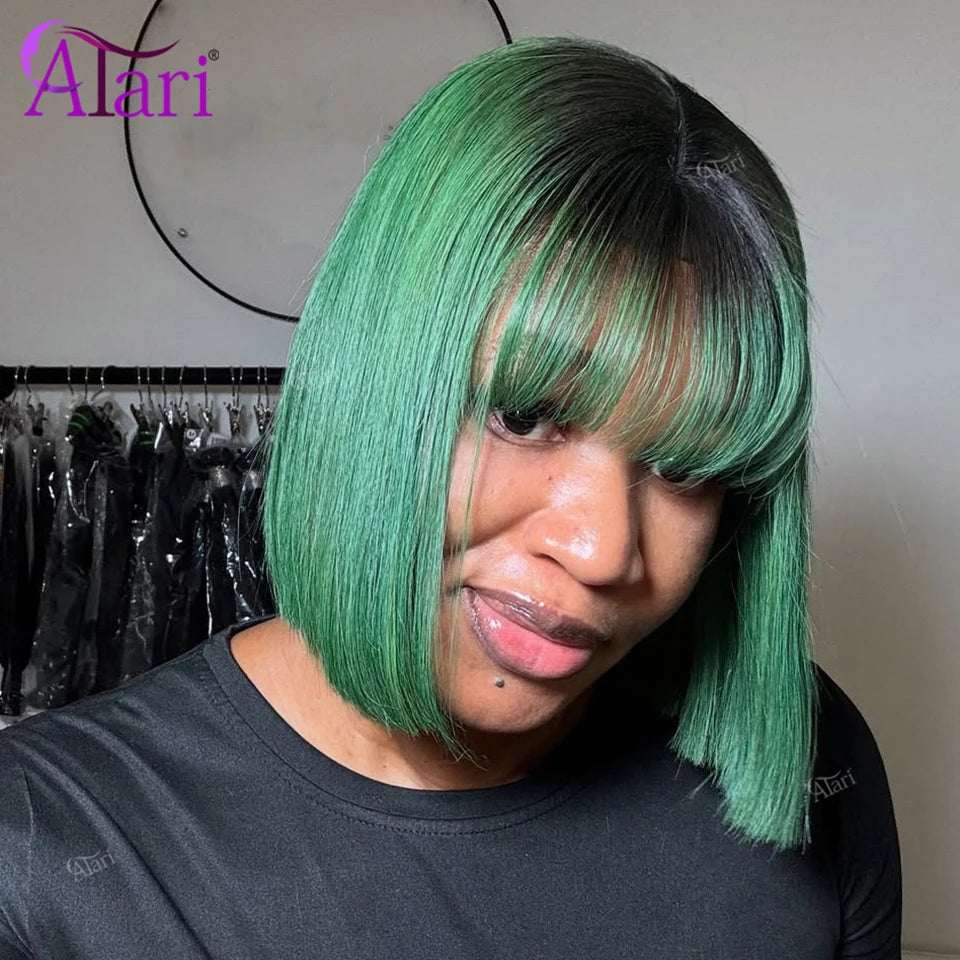 180 Density Forest Green with Roots Short Straight Bob Wig Transparent 13x4 Lace Frontal Bob Human Hair Wig with Bangs Pre Pluck