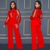 Fashion Women's Clothing Hollow Long-sleeved Loose Wide Leg Jumpsuits Overall Pants Solid Color Sexy Lace