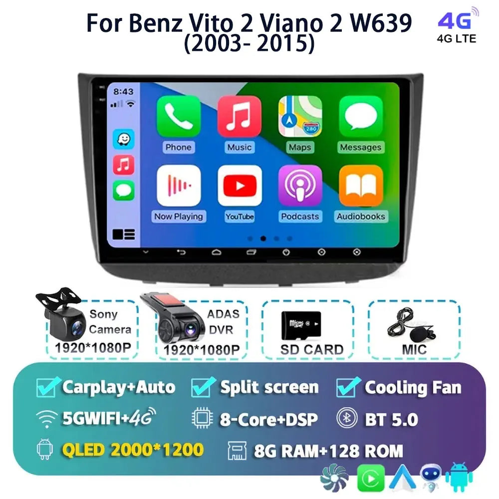 Android 14 For Benz Vito 2 Viano 2 W639 2003- 2015 2K QLED Android Car Radio Multimedia Video Player BT Stereo CarPlay Head Unit