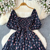 2024 New Summer Flower Print Long Dress Women Vintage Square Neck Ruched Chest Sash Bandage Sundress Party Vestidos