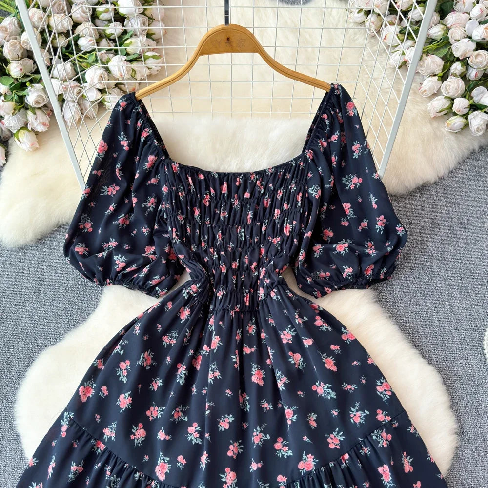 2024 New Summer Flower Print Long Dress Women Vintage Square Neck Ruched Chest Sash Bandage Sundress Party Vestidos