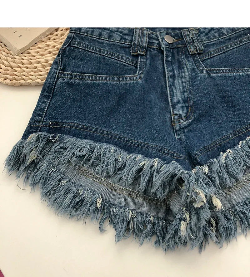 ITOOLIN Women Vintage Tassels Denim Shorts Button Loose High Waist A-line Jean Shorts Casual Women Office Trousers Streetwear