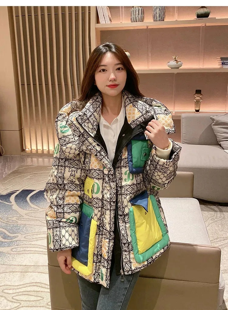 2023 European Station Winter New Down Jacket Women's Warm Fashion Short Color Patchwork Graffiti thick White Duck Down Coa