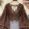 Autumn Black/White/Brown Sexy Lace Blouse Women Elegant V-Neck Puff Long Sleeve Open Back Short Tops Female Party Blusas 2021