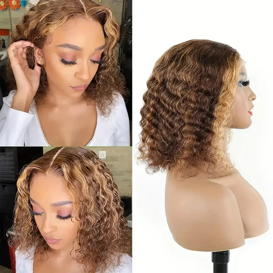 4/27 Deep Water Wave Short Bob Wigs Highlight Curly 13x4 Lace Front Wig Brazilian 100% Real Human Hair Wig Ombre Brown Short Wig
