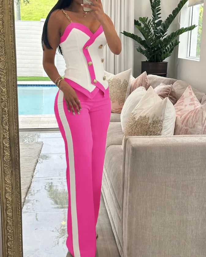 Spring Summer Sleeveless Suit Fashion Print Two Piece Sets Women Sexy V-neck Button Metal Sling Top & Wide Leg Pants Outfits
