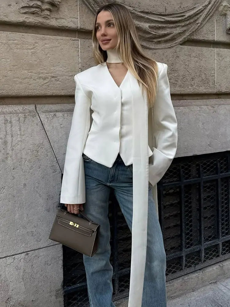 Tossy Elegant Female Striped Suit Coat For Women Scarf Lace-Up Patchwork V-Neck Long Sleeve Luxury Outwear Female Jackets Coat