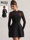 BKQU Elegant Solid Backless Mini Dress Women High Waist Fashion Long Sleeve Slim A-line Dresses 2024 Autumn Party Evening Dress