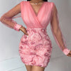 Women Fashion Dress Fashion Floral Pattern Sheer Mesh Patch Long Sleeve V-Neck Elegant Party Dress