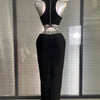 Summer New Women Sexy Sewed Crystal Diamonds Black Long Bandage Two Piece Set Celebrity Evening Party Long Skirt Suits