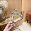 Summer One-word Rhinestone Square Head Sandals Women's Stiletto Open-toed Crystal Gemstone High Heels