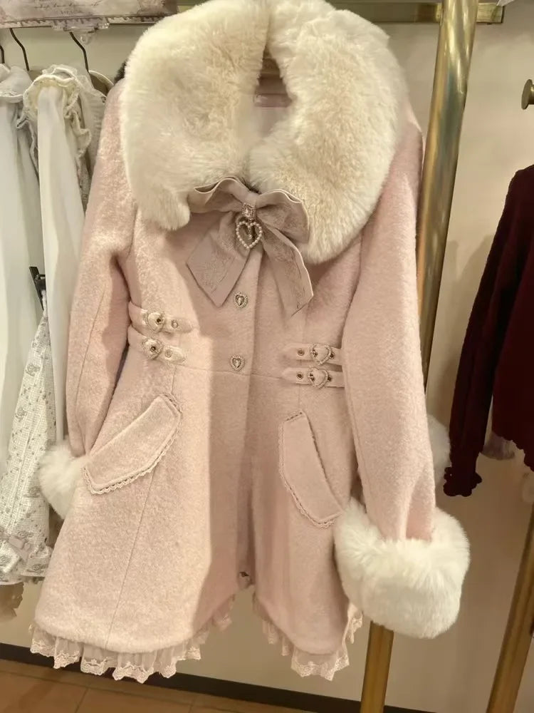 Winter New Japanese Sweet Bow Slim Medium Long Woolen Coat Faux Fur Collar Lolita Girl Women's Pink White Wool Jacket Overcoat