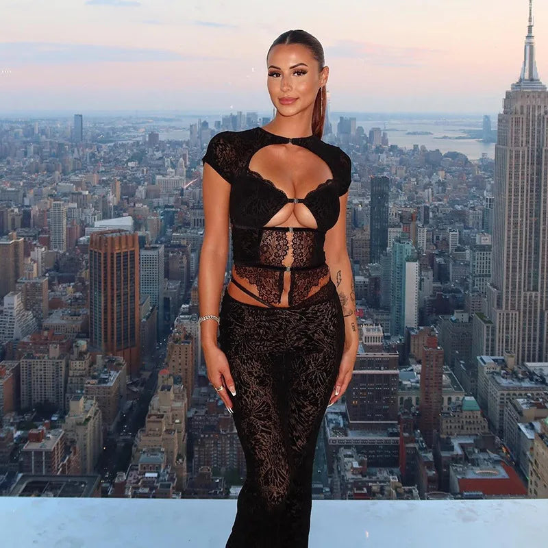 FAGADOER Sexy Lace See Through 2 Piece Sets Woman Outfit Hollow Out Crop Top + Flare Pants Female Y2K Streetwear Summer Spring