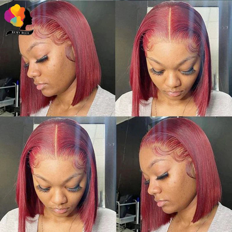 Burgundy Bob Wig Lace Front Human Hair Wigs Pre-Plucked 99J Red Blonde Colored Straight Human Hair Wigs 13x1 Lace Front Wig