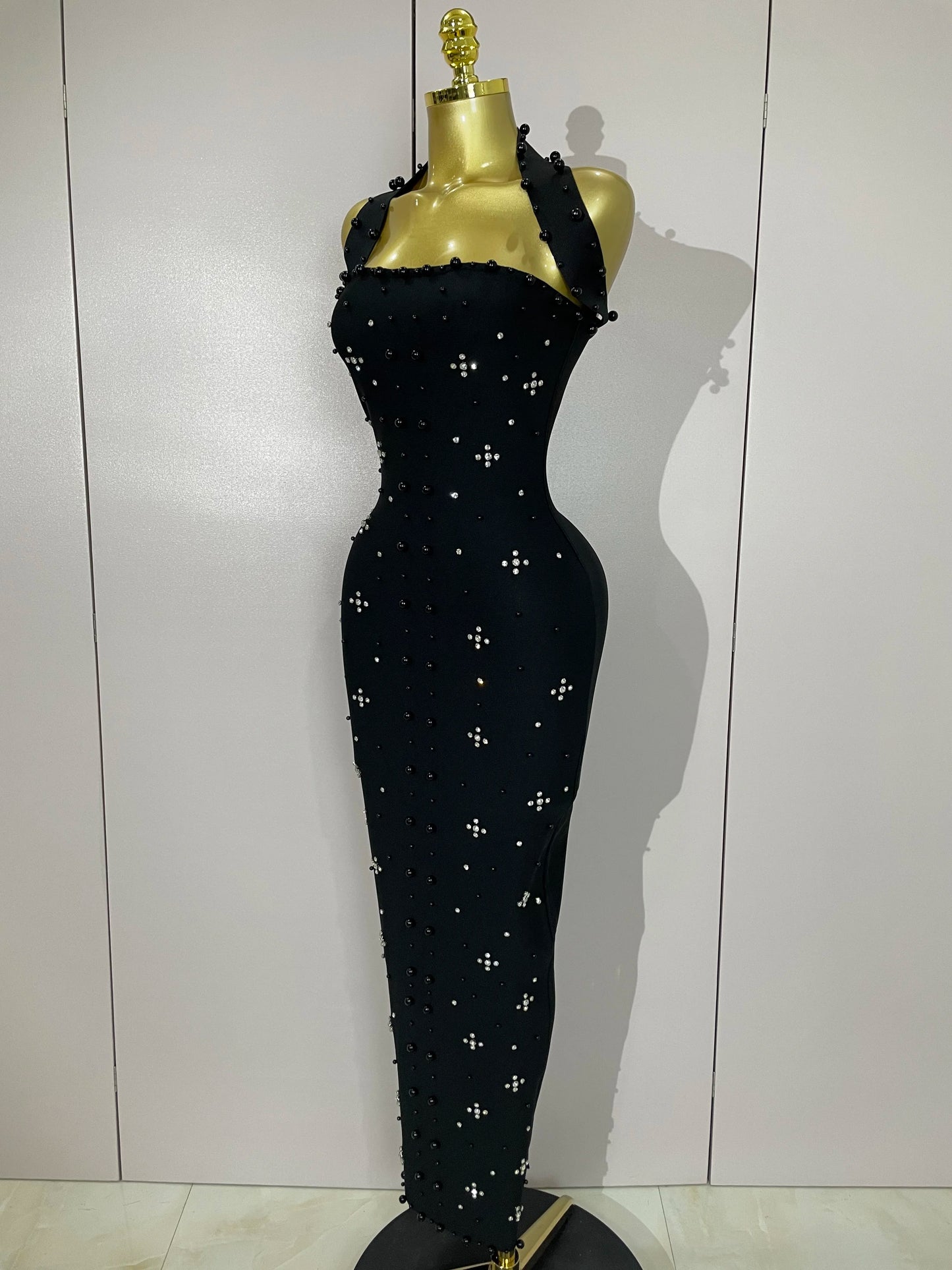 2025 Luxury Shining Diamonds Pearls Sleeveless Bodycon Bandage Long Dress Women Celebrate Evening Party Elegant Birthday Gowns
