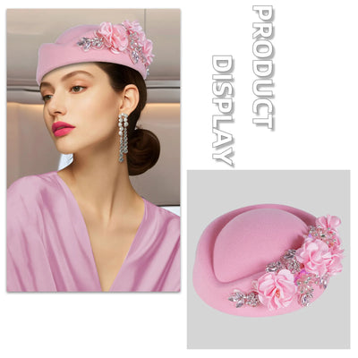 Elegant Felt Turban Hat Vintage Rhinestone Flower Church Beret Hat For Women Air Stewardess Party Cosplay Cap Costume Accessory