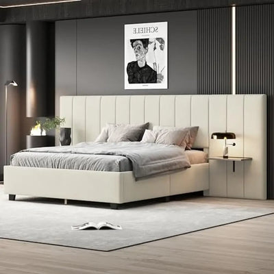Queen Size Upholstered Platform Bed Velvet Fabric Big Headboard Wooden Frame Bedroom Storage Slat Support No Box Spring Needed