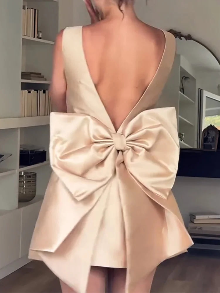 Summer Women Bow Patchwork Chic Mini Dress, Backless Square Collar Simple Party Dress, New Fashion Sleeveless Sweet Ladies Dress