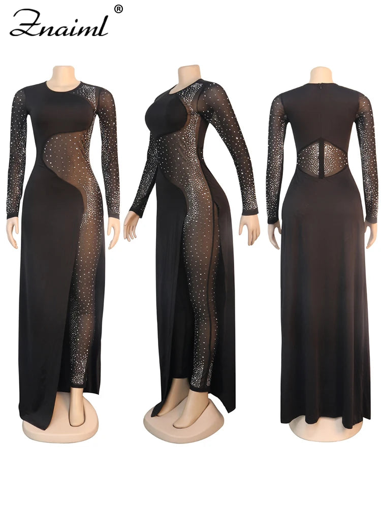 Znaiml Luxury Women Long Sleeve Sheer Mesh Patchwork Skinny Night Party Club Romper Overalls Birthday Sexy Rhinestone Jumpsuits