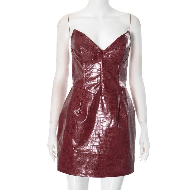 Luxury Leather Strapless Short Dress Womens Sleeveless Backless Sexy Crocodile Skin Pattern Party Dresses 2025 Evening Red Brown