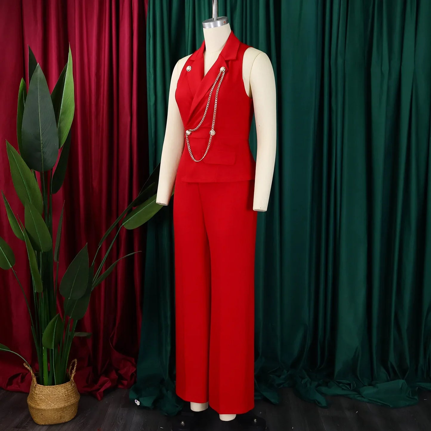 C8604 Foreign Trade Women's Fashionable Sexy Chain Collar Wide Leg African Jumpsuit Casual Style Long Dress For Ladies