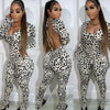 HLJ Sexy Backless Lace Up Leopard Bodycon Jumpsuits Women O Neck Long Sleeve Skinny Pants One Piece Playsuits Fashion Overall