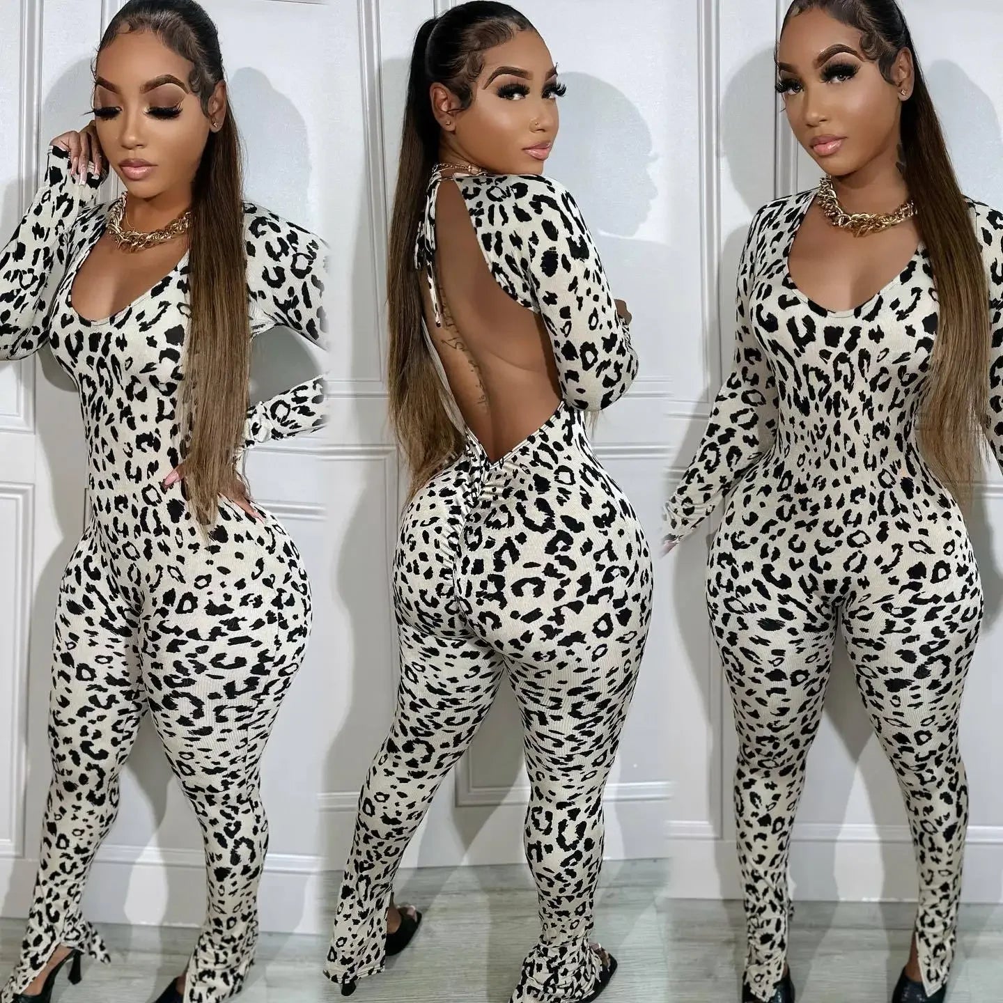 HLJ Sexy Backless Lace Up Leopard Bodycon Jumpsuits Women O Neck Long Sleeve Skinny Pants One Piece Playsuits Fashion Overall