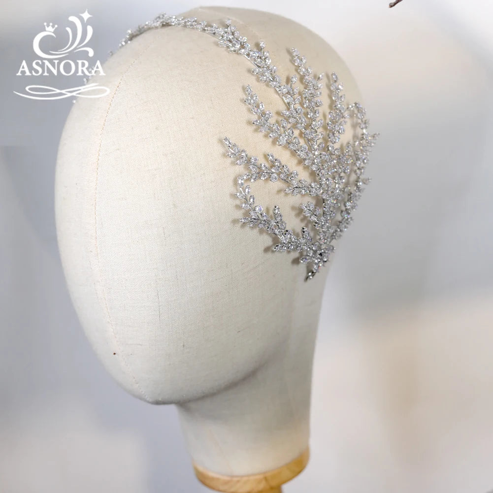 ASNORA New Tiara Cubic Zirconia Crown Diadema Bridal Wedding Hair Accessories CZ Leaf Crystal Headbands Couronne Party Jewelry