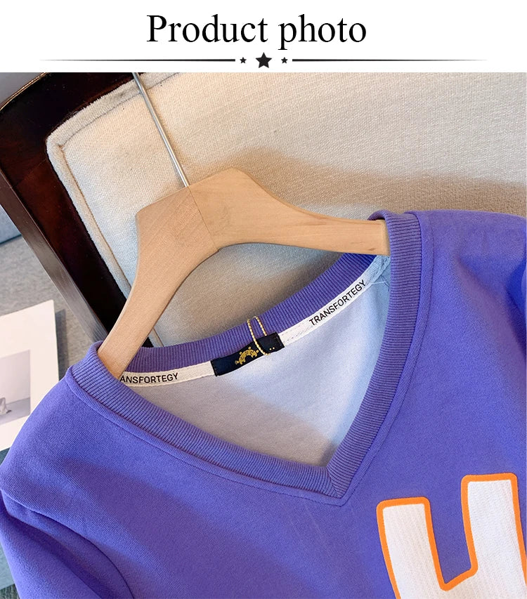 Plus-size women's Fall/Winter Casual commute loose and comfortable hoodie cartoon print purple green V-neck long sleeve top big