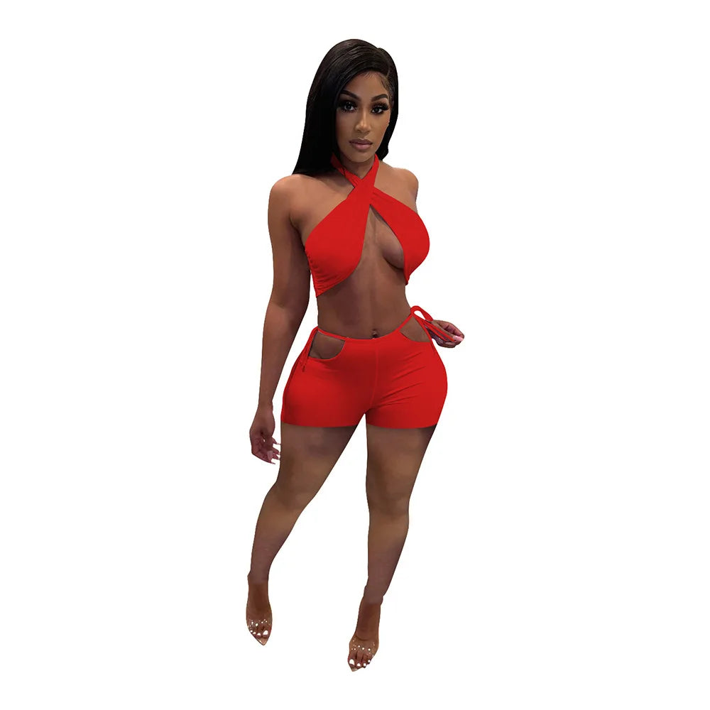 Two Piece Sets for Women Ruched Bandage Criss Cross Solid Women 2024 Spring Backless Club Crop Top and Shorts Matching Set