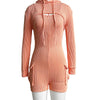 Women's Knitted Ribbed Cargo Pocket Playsuits with Hooded Long Sleeve Top Outfits Jumpsuits Shorts Overalls Birthday Clubwear