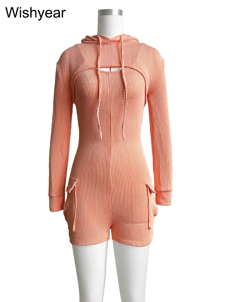 Women's Knitted Ribbed Cargo Pocket Playsuits with Hooded Long Sleeve Top Outfits Jumpsuits Shorts Overalls Birthday Clubwear