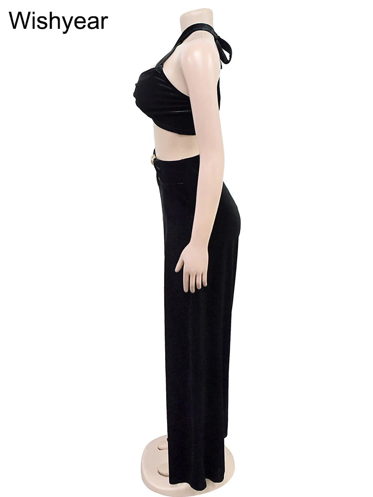 Wishyear Sexy Black Women's Halter Bandage Cross Top amd Wide Leg Pants Two 2 Piece Sets Sexy Night Club Party Evening Outfits