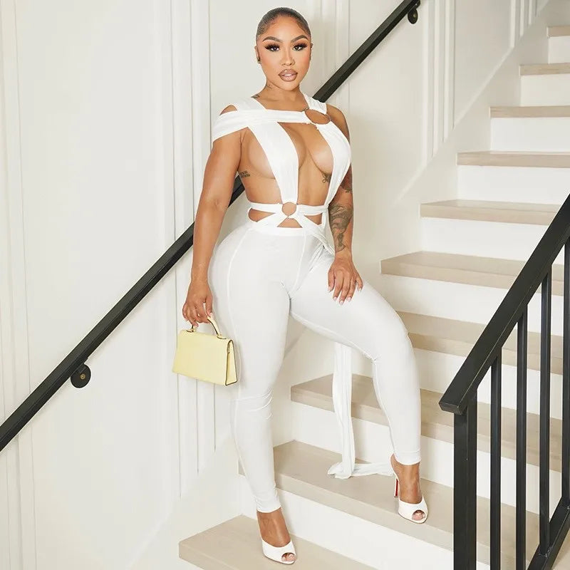 Joskaa Sexy Hollow Bandage Irregular Jumpsuit Women Summer Sleeveless Backless Ribbon Skinny Rompers 2025 Midnight Clubwear