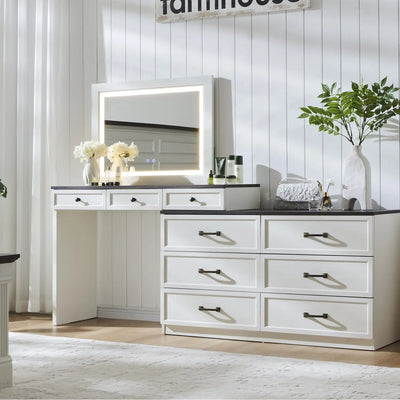69" W rustic wood bedroom dresser with glass top, 9 large storage drawers, 3 color usable lights and 30 "HD Led mirror