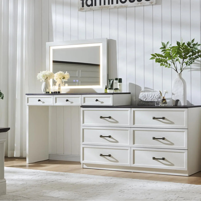 69" W rustic wood bedroom dresser with glass top, 9 large storage drawers, 3 color usable lights and 30 "HD Led mirror