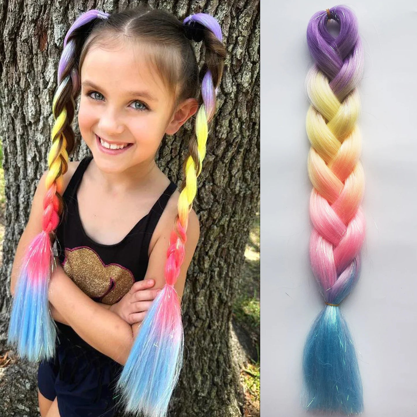 Synthetic Tinsel Braiding Hair 4 Tones Ombre Color White Purple Blue Yellow Jumbo Braids Mixed tinsels For Festival Party