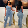 Flare Denim Pants Full Length Women Jeans One Piece Overalls Spliced Solid Jumpsuits Loose Pockets High Waist Basics Washed