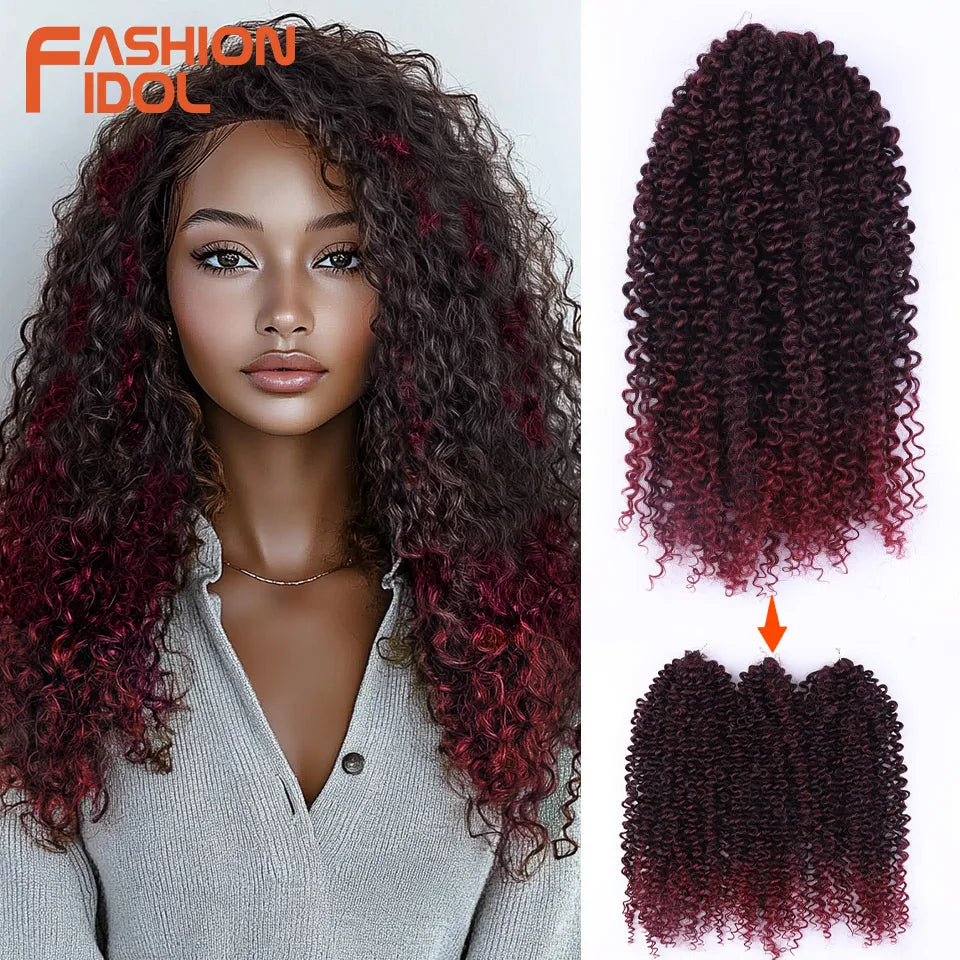 FASHION IDOL 200g 3pcs Afro Kinky Curly Braiding Hair Synthetic Crochet Hair 18 Inch Ombre Brown Passion Twist Hair Extensions