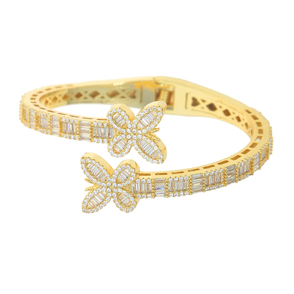 New Iced Out Bling Butterfly Heart Bracelet Silver Color CZ  Zircon Oval Charm Opened Bangle For Men Women Hiphop Luxury Jewelry