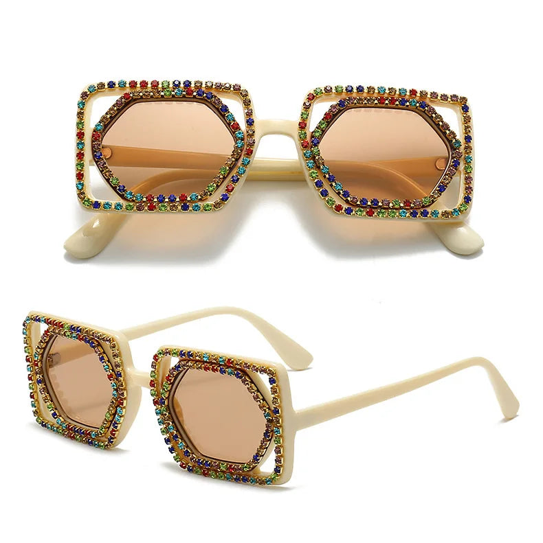 Square Luxury Diamonds Sunglasses Women Punk Fashion Rhinestone Sun Glasses Female Shiny Sexy Yellow Lens Eyewear Shade Handmade