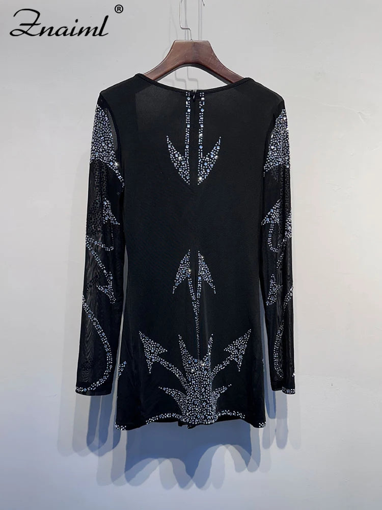 Znaiml Elegant Long Sleeve Playsuit Nightclub Rompers Birthday Outfits Woman Sparkly Diamonds Rhinestone Short Jumpsuits Luxury