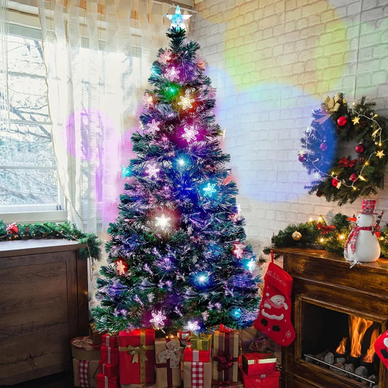 6 ft Pre-Lit Optical Fiber Christmas Artificial Tree, RGB Color Changing LED Lights, Snowflakes & Top Star, Fake Xmas Tree.