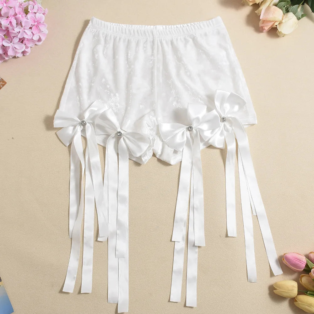 CM.YAYA Women's Set Bow O-Neck Mesh Long Sleeve Tops + Velvet Shorts Suits Streetwear Sexy Two 2 Piece Outfits Tracksuits Summer