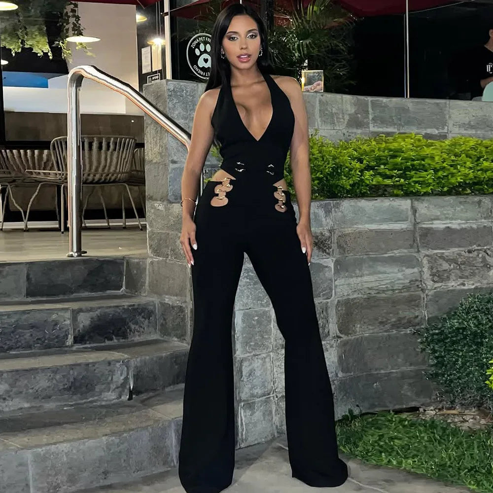 CM.YAYA Women V-Neck Backless Straight Sleeveless Flare Jumpsuits 2025 Summer Hollow Out Sexy One Piece Set Streetwear Outfits