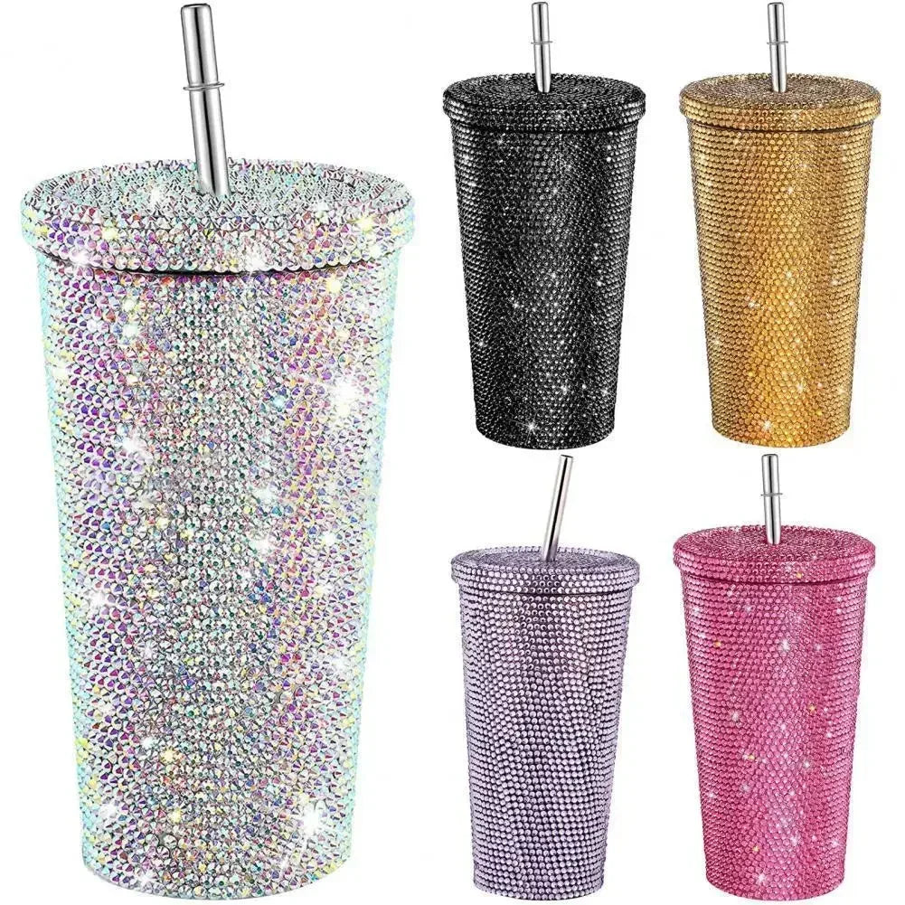 1 Pc Rhinestone Coffee Cup Gift Cup Rhinestone Rhinestone Thermos Cup Double Stainless Steel Straw Cup Coffee Mug  Water Bottles