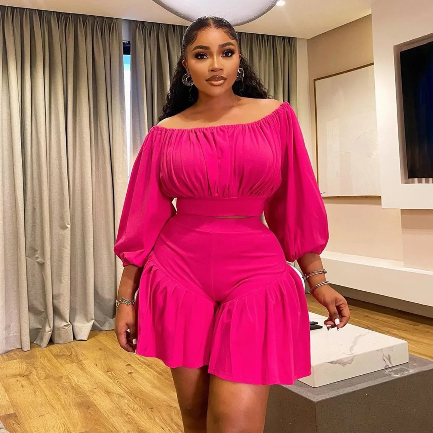 Customized Plus Size Women's Set Long Sleeve Slash Neck T-Shirt and Shorts 2025 Summer Ruched Two 2 Piece Set Outfits Tracksuit