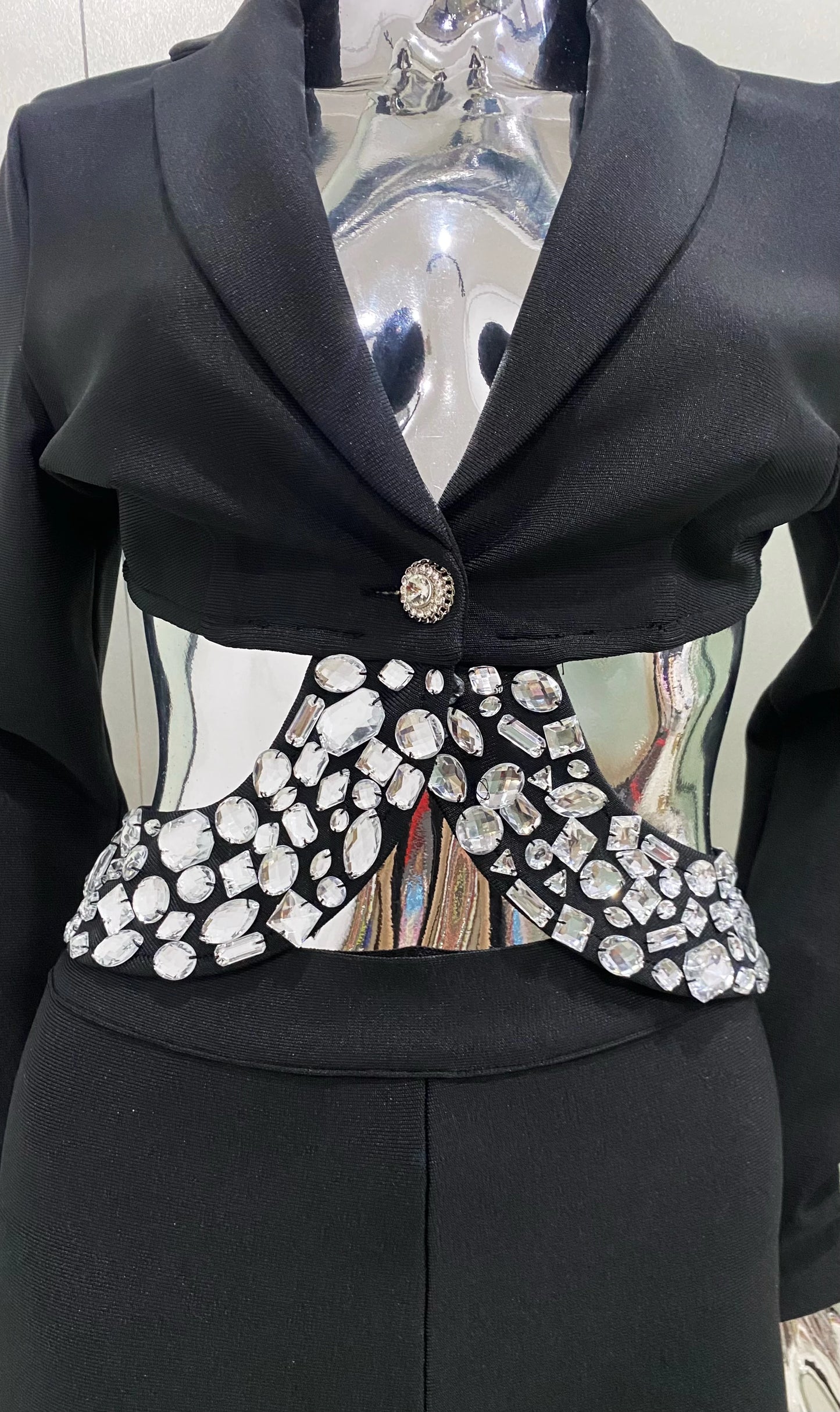 2024 New Arrival Black White Women Long Sleeve Sexy V-Neck Bodycon Bandage Set Shinning Crystal Nightclub Party Women's Set