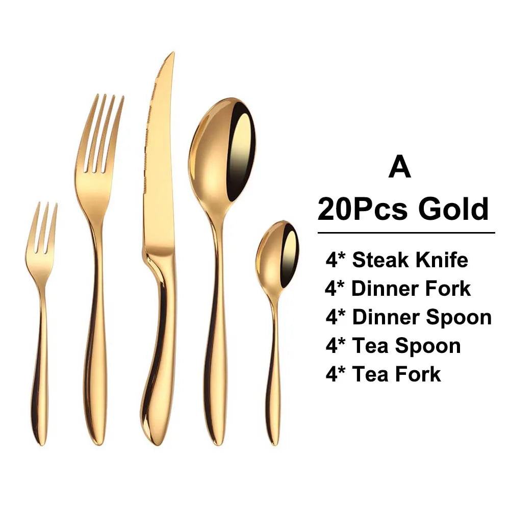 6/16/20/24Pcs Gold Tableware Stainless Steel 304 Cutlery Set Western Dinner Set Mirror Knife Fork Spoon Smooth Handle Flatware