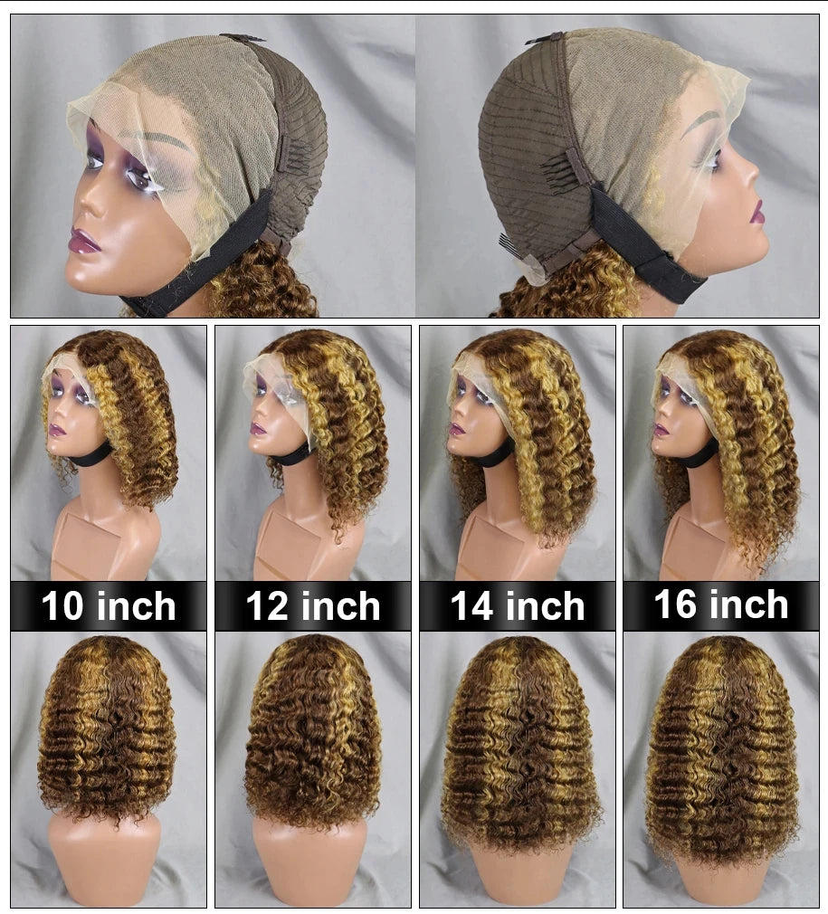 13x4 HD Lace Human Hair Short Human Hair Wigs Curly Color 4/27 Highlight Ombre Human Hair Deep Wave Bob Wigs Curly For Women